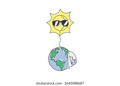 Uma única linha desenhando a terra limpando o suor e o sol usando óculos. Símbolos de aviso da natureza. Aquecimento global. Quente. Dia Nacional de Sensibilização para o Calor. Ilustração gráfica de design de linha contínua