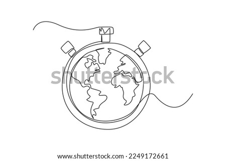 Single one line drawing earth in stopwatch. Earth hour concept. Continuous line draw design graphic vector illustration.