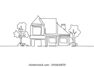 Single one line drawing of eco friendly house construction building. Home architectural property isolated doodle minimal concept. Trendy continuous line draw design graphic vector illustration