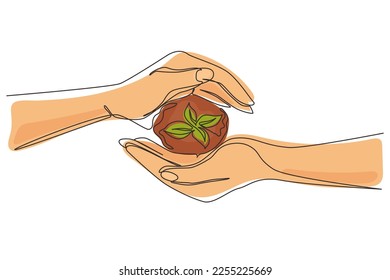 Single one line drawing ecology sapling tree growing up and planting on land. Hands kids team work protecting and reduce global warming earth, top view. Continuous line draw design graphic vector