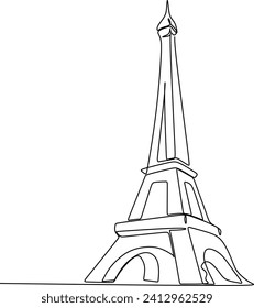 Dibujo de una sola línea del emblemático cartel de decoración de pared de la Torre Eiffel. Lugar icónico en París, Francia. El concepto de postal de turismo y viajes de bienvenida. Ilustración de diseño de traza continua moderna