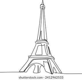 Single one line drawing of Eiffel Tower landmark wall decor poster. Iconic place in Paris, France. Tourism and travel greeting postcard concept. Modern continuous line draw design vector illustration