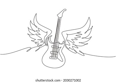 Single one line drawing electric guitar with wings. Vintage label, illustration, logotype. Rock sign, gesture for music festival logo. Modern continuous line draw design graphic vector illustration