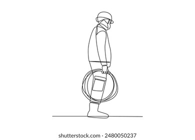 Single one line drawing of an electrical worker is replacing a damaged cable. Home repair, maintenance and plumbing services. Handyman concept. Continuous line draw design vector illustration