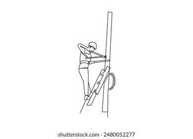 Single one line drawing of an electrical technician is repairing a damaged cable on a power pole. Home repair, maintenance and plumbing services. Handyman concept. Continuous line draw design vector i