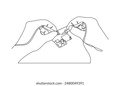 Single one line drawing of an electrician is checking the activation of the electrical system. Home repair, maintenance and plumbing services. Handyman concept. Continuous line draw design vector illu