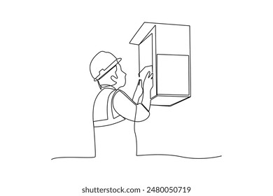 Single one line drawing of an electrician is checking the condition of the unit. Home repair, maintenance and plumbing services. Handyman concept. Continuous line draw design vector illustration