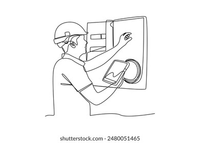 Single one line drawing of an electrician is repairing damaged electrical components. Home repair, maintenance and plumbing services. Handyman concept. Continuous line draw design vector illustration