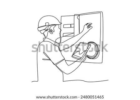 Single one line drawing of an electrician is repairing damaged electrical components. Home repair, maintenance and plumbing services. Handyman concept. Continuous line draw design vector illustration