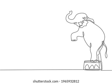 Single one line drawing of an elephant stands on a circus chair with its forelegs raised. Very good performance and successful circus show. Continuous line draw design graphic vector illustration.