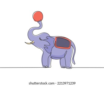 Single One Line Drawing Of An Elephant Stands Playing A Ball At The End Of Its Trunk. The Circus Audience Was Amazed By The Show. Modern Continuous Line Draw Design Graphic Vector Illustration.