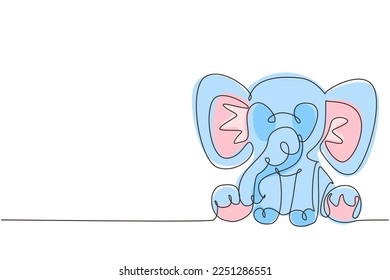 Single one line drawing elephant plush doll. Elephant plush stuffed puppet. Jumbo plush toy. Cute stuffed elephant toy for children. Modern continuous line draw design graphic vector illustration