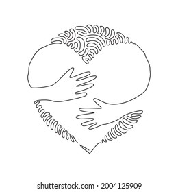 Single one line drawing embrace heart shape design vector template. Embracing icon or logo for health care symbol. Swirl curl circle background style. Modern continuous line draw design graphic vector