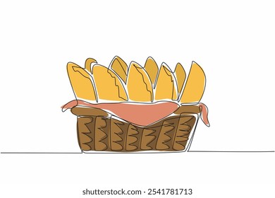 Single one line drawing empanadas neatly arranged in rattan wicker with napkins. Delivery package in the form of traditional food. National Empanada Day. Continuous line design graphic illustration