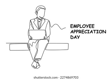 Single one line drawing an employee opens a laptop to finish his work. Employee appreciation day concept. Continuous line draw design graphic vector illustration.