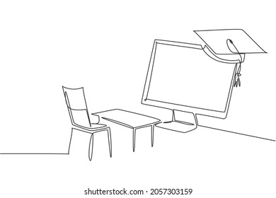 Single one line drawing empty study chairs and desks facing giant monitor screen in which there is blackboard and graduation cap on top. Modern continuous line draw design graphic vector illustration