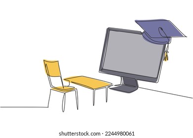 Single one line drawing empty study chairs and desks facing giant monitor screen in which there is blackboard and graduation cap on top. Modern continuous line draw design graphic vector illustration