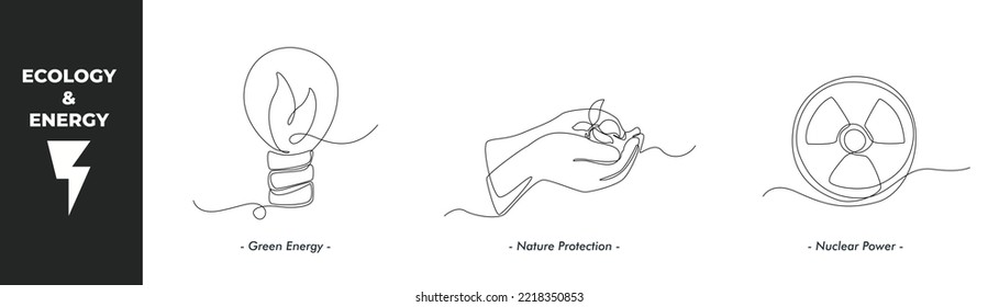 Single one line drawing energy and ecology concept set.  Green energy lamp, Nature protection and Nuclear power. Continuous line draw design graphic vector illustration.