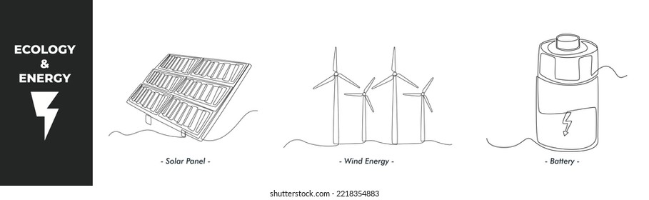 Single one line drawing energy and ecology concept set. Solar panel, wind energy and and Battery. Continuous line draw design graphic vector illustration.