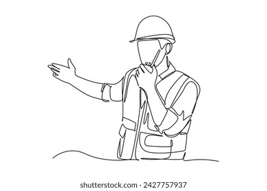 single one line drawing of engineering railway wearing safety uniform and helmet by using walki walki. all about station and train activity. Simple line, train activity.