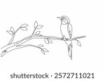 Single one line drawing European bee eater perched on a tree branch with flowers. The colorful melodious chirp. Songbird. International Dawn Chorus Day. Continuous line design graphic illustration