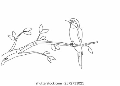 Single one line drawing European bee eater perched on a tree branch with flowers. The colorful melodious chirp. Songbird. International Dawn Chorus Day. Continuous line design graphic illustration