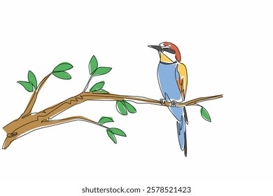 Single one line drawing European bee eater perched on a tree branch with flowers. The colorful melodious chirp. Songbird. International Dawn Chorus Day. Continuous line design graphic illustration