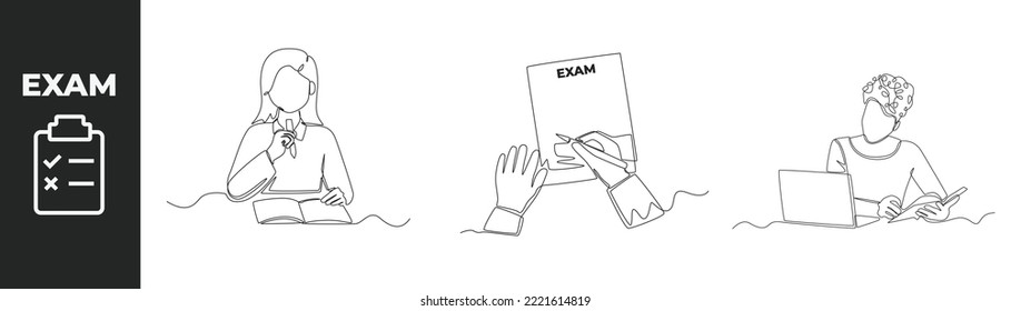 Single one line drawing exam preparation set concept. Young Students study with books and laptop prepare for exam. Continuous line draw design graphic vector illustration.