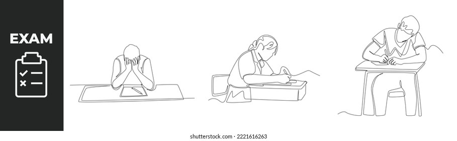 Single one line drawing exam preparation set concept. Boy student stress for exam and Students study with books and laptop prepare for exam. Continuous line draw design graphic vector illustration.