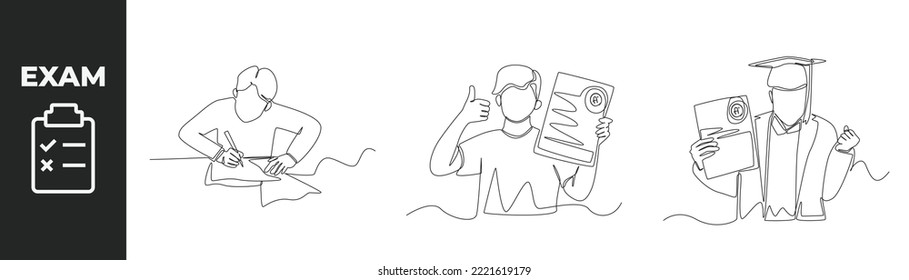 Single one line drawing exam preparation set concept. Boy student do exam preparation and happy boy gets score A for his exam. Continuous line draw design graphic vector illustration.