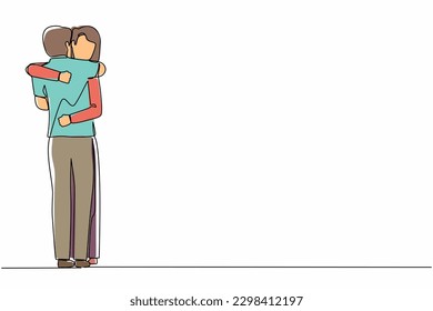 Single one line drawing excited wife embracing beloved husband at home on return from business trip. Happy young couple cuddling celebrating anniversary. Continuous line design vector illustration