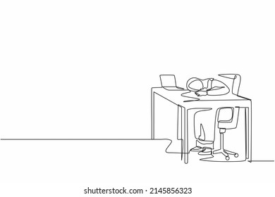 Single one line drawing exhausted sick tired Arab female manager in office sad boring sitting with head down on laptop. Frustrated worker mental health problems. Continuous line design graphic vector