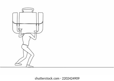 Single one line drawing exhausted businessman carrying heavy briefcase on his back. Difficulty business task. Pressure workload. Anxiety and overload worker. Continuous line design vector illustration