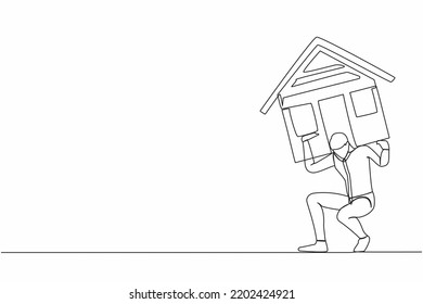 Single one line drawing exhausted businessman carrying heavy house on his back. Financial mortgage, need pay taxes expenses. Bank loan. Lease, finance. Continuous line draw design vector illustration