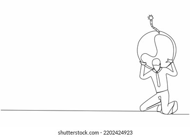 Single one line drawing exhausted businessman carrying heavy bomb on his back. Entrepreneur stress due to debt explosion. World economic crisis problem. Continuous line draw design vector illustration