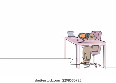 Single one line drawing exhausted sick tired Arab female manager in office sad boring sitting with head down on laptop. Frustrated worker mental health problems. Continuous line design graphic vector
