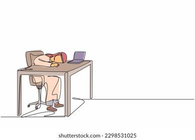 Single one line drawing exhausted sick tired Arabian male manager in office sad boring sitting with head down on laptop. Frustrated worker mental health problems. continuous line design graphic vector