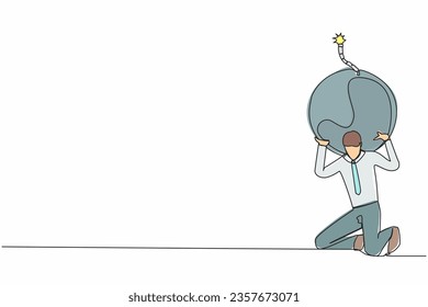 Una sola línea dibujando a un agotado hombre de negocios cargando una fuerte bomba en la espalda. Estrés empresarial debido a la explosión de la deuda. El problema de la crisis económica mundial. Ilustración vectorial de dibujo de línea continua