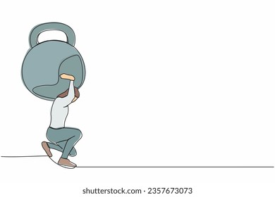 Una sola línea dibujando a un agotado hombre de negocios con fuerte timbre en la espalda. Tensión, pesadez en la vida empresarial. Sobretrabajo, estrés, manejo del tiempo. Ilustración vectorial de diseño de línea continua