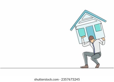 Single one line drawing exhausted businessman carrying heavy house on his back. Financial mortgage, need pay taxes expenses. Bank loan. Lease, finance. Continuous line draw design vector illustration