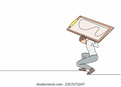 Un hombre de negocios exhausto con una sola línea dibujando un pesado portapapeles en la espalda. Problema de productividad y gestión del tiempo. Tarjeta de lista de verificación de fecha límite. Ilustración vectorial de dibujo de línea continua