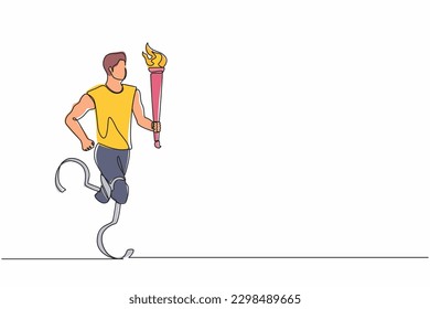 Single one line drawing faceless disabled young male or sportsman holding flaming torch in running pose. Disabled sport, success, disability games, championship. Continuous line design graphic vector