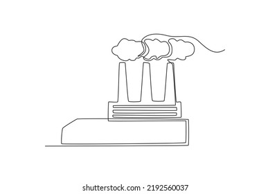 Single one line drawing factory with pipe smoke. Factory architecture concept. Continuous line draw design graphic vector illustration.