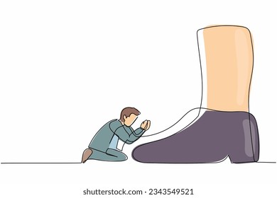 Single one line drawing failed businessman kneeling a giant foot or shoe. Office worker apologize to boss. Minimalism metaphor concept. Modern continuous line draw design graphic vector illustration