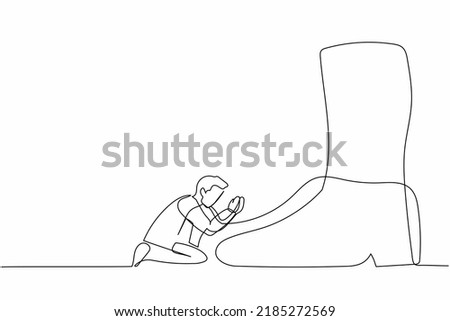 Single one line drawing failed businessman kneeling a giant foot or shoe. Office worker apologize to boss. Minimalism metaphor concept. Modern continuous line draw design graphic vector illustration