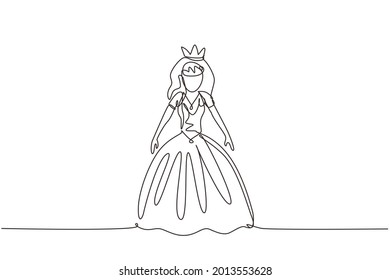 Single one line drawing fairy tale doll princesses. Beautiful fairytale Elf princess. Romantic story. Wonderland. Stuffed toys for girls. Modern continuous line draw design graphic vector illustration