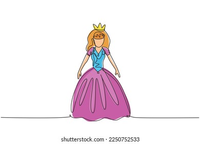 Single one line drawing fairy tale doll princesses. Beautiful fairytale Elf princess. Romantic story. Wonderland. Stuffed toys for girls. Modern continuous line draw design graphic vector illustration