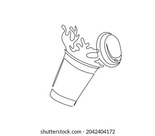 Single one line drawing falling disposable paper cup with coffee splash. Splash of coffee in paper cup. Hot coffee paper cup of spilling coffee creating splash. Continuous line draw design vector