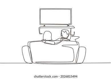 Single one line drawing family sitting sofa   watch tv in living room at evening  Lounge room interior and rear view couple couch  Continuous line draw design graphic vector illustration