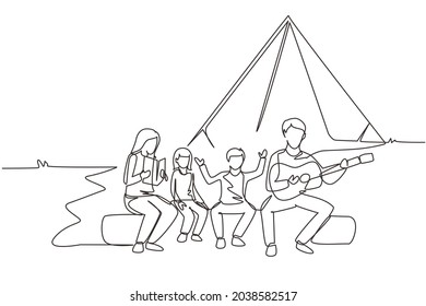 Single one line drawing family fun at summer camping spending time together. Dad playing guitar and sing with son. Mom reading story book with daughter. Continuous line draw design vector illustration